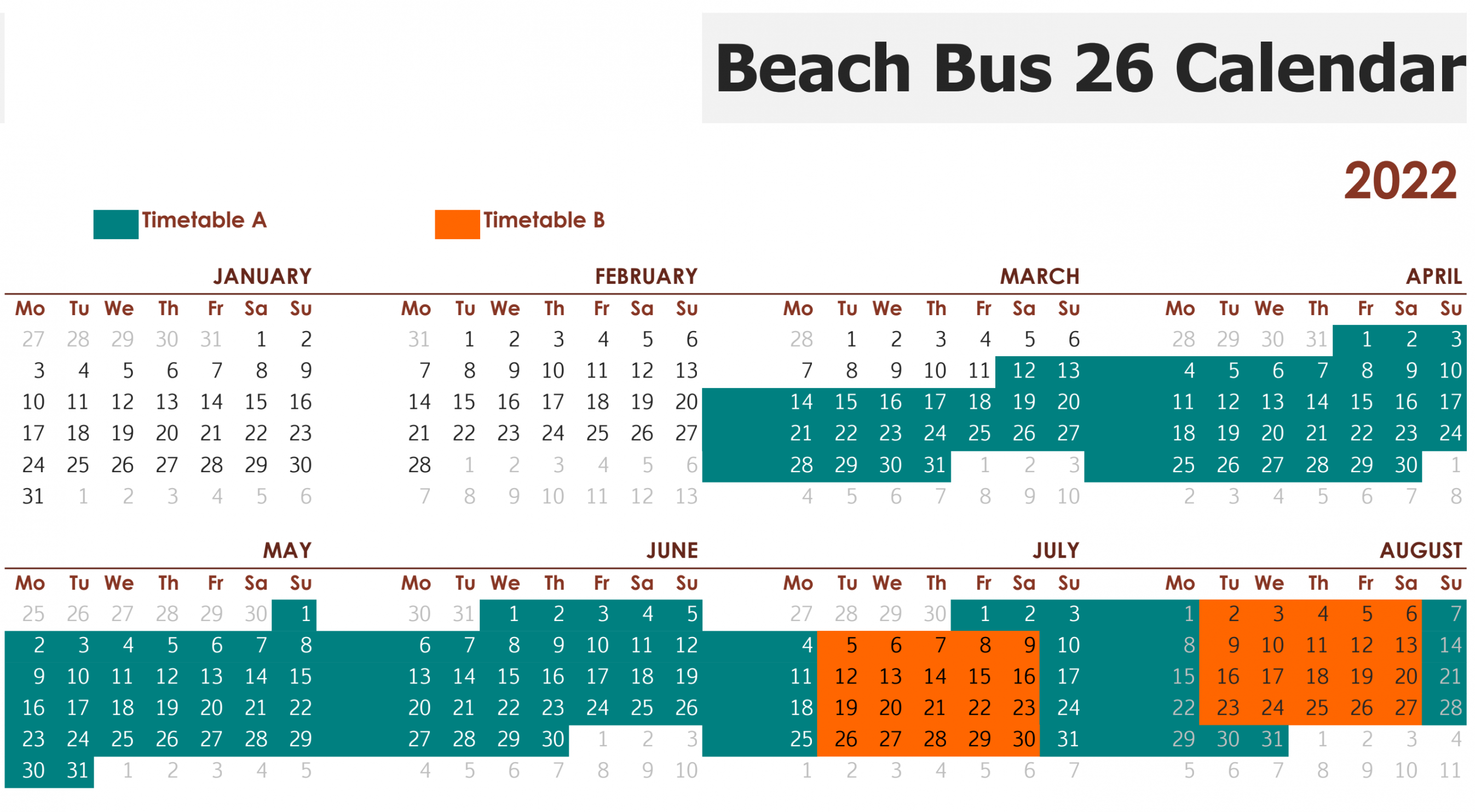 Beach Bus 26 Calendar Jan - Aug