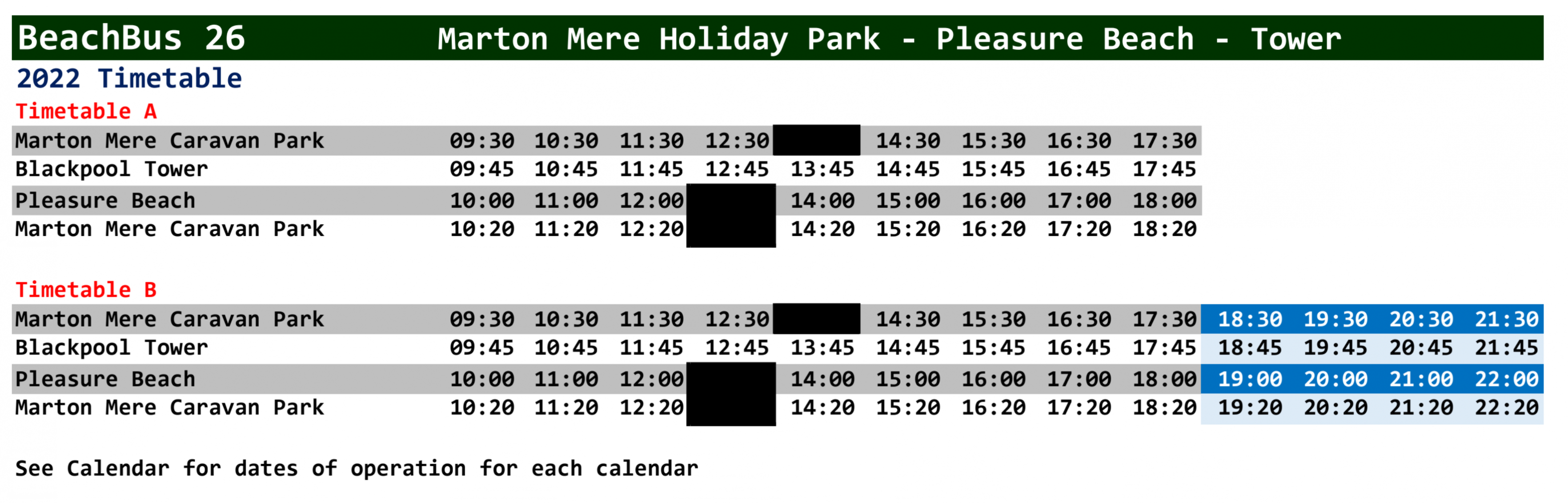 Beach Bus 26 Timetable